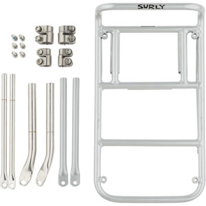 Surly 8-Pack Rack 2.0 Silver parts disassembled on white background