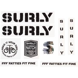 Surly Overspray Decal Set, Black, sheet showing fork, chainstay, seat tube, down tube decals and head badge